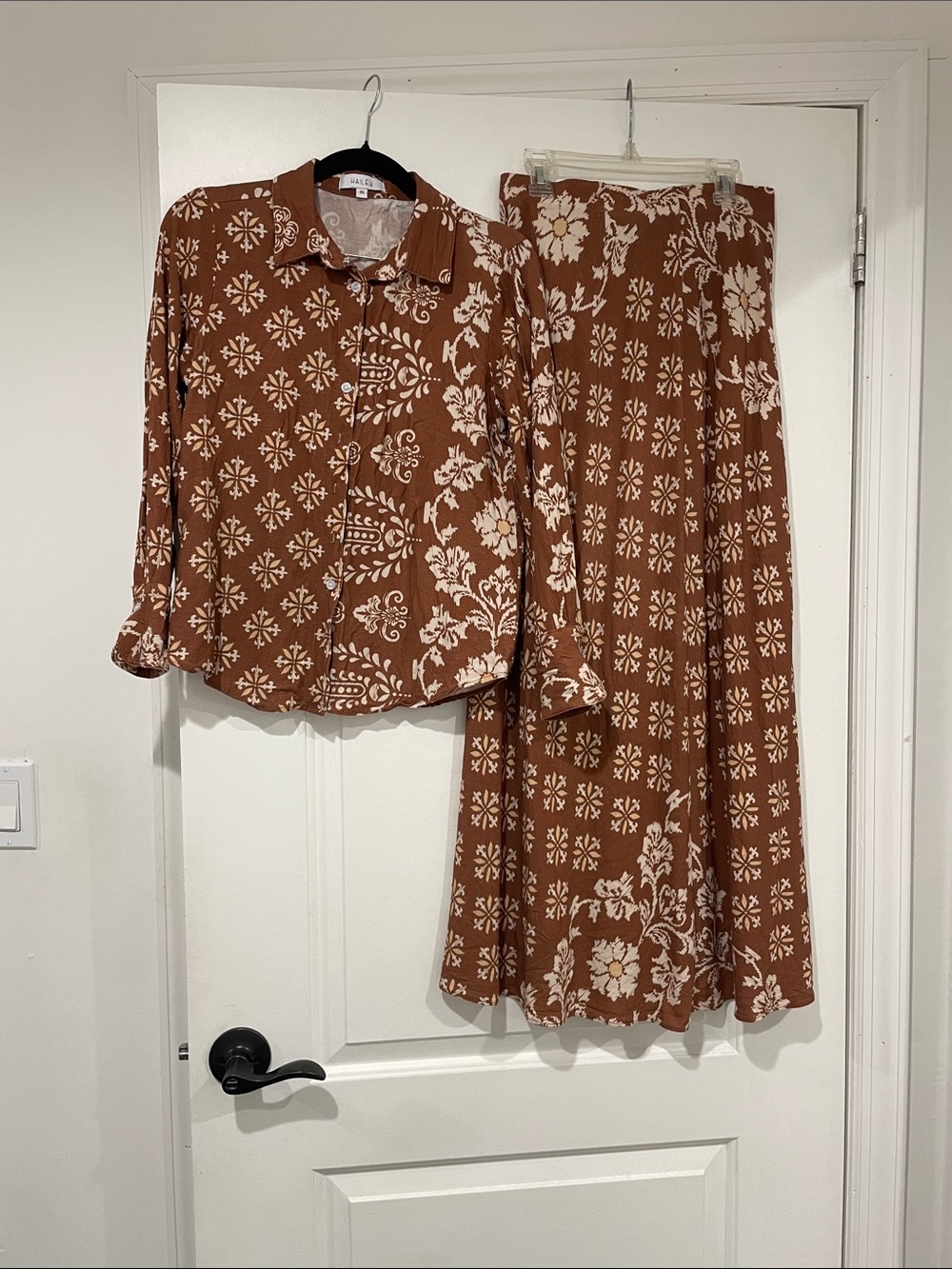 Two-Piece Brown & Cream Printed Button-Up Shirt and Skirt Set